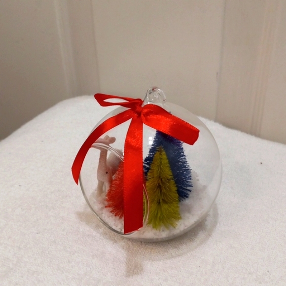 NWOT Round Glass Ornament  3" with Xmas Trees & Raindeer - Picture 4 of 5